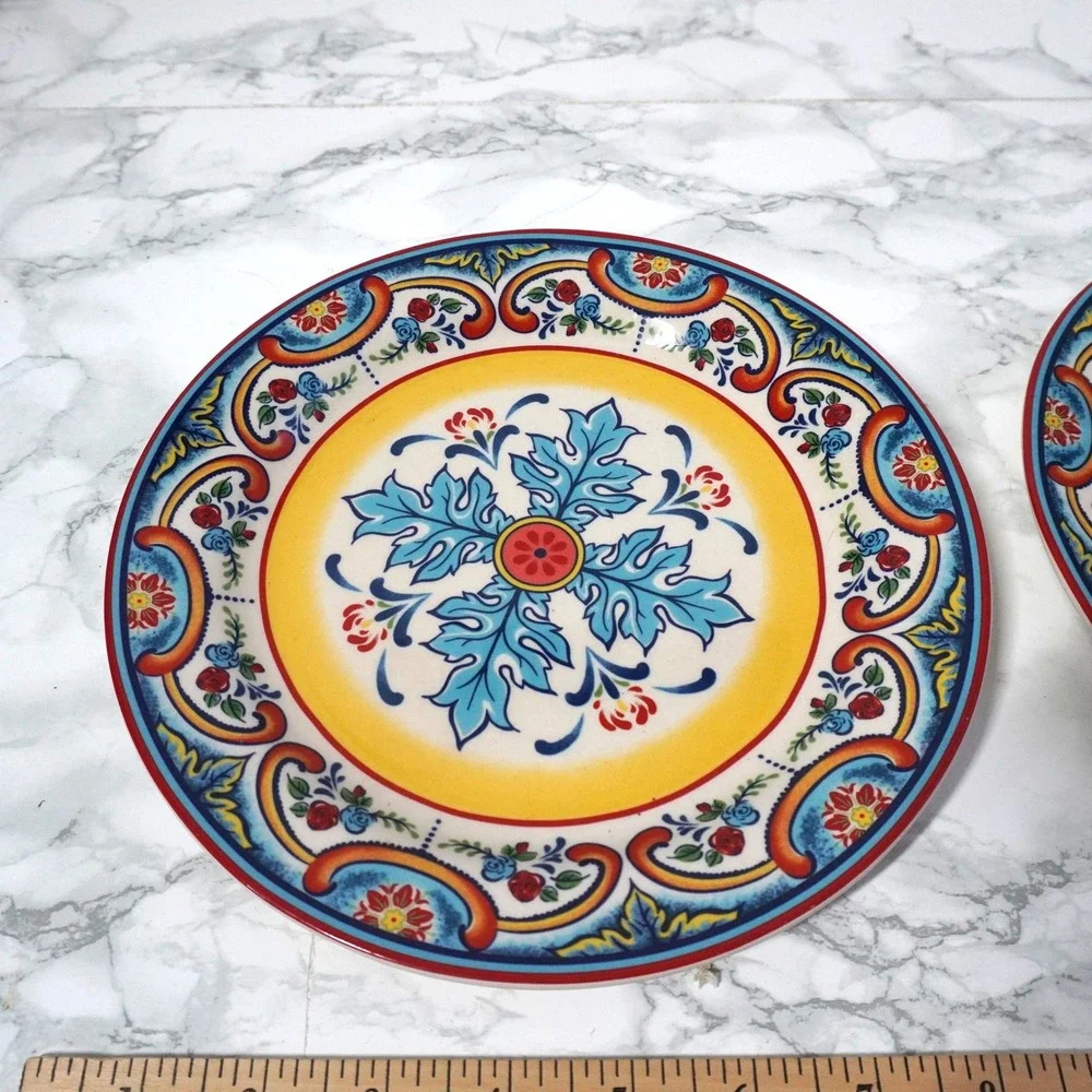 Euro Ceramica Zanzibar Salad Plates Set of 2‎ Blue Yellow Red Floral 8.25 Inch